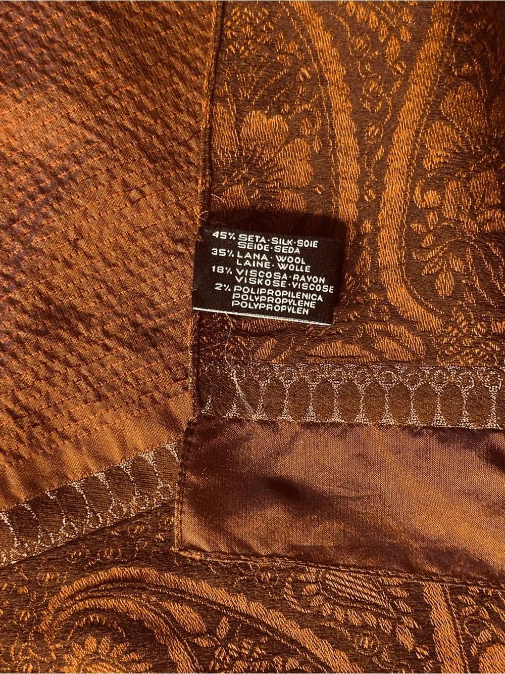 Brown Paisley-Trim Iridescent Sheen Silk, Wool & Viscose Scarf 19” x 56”